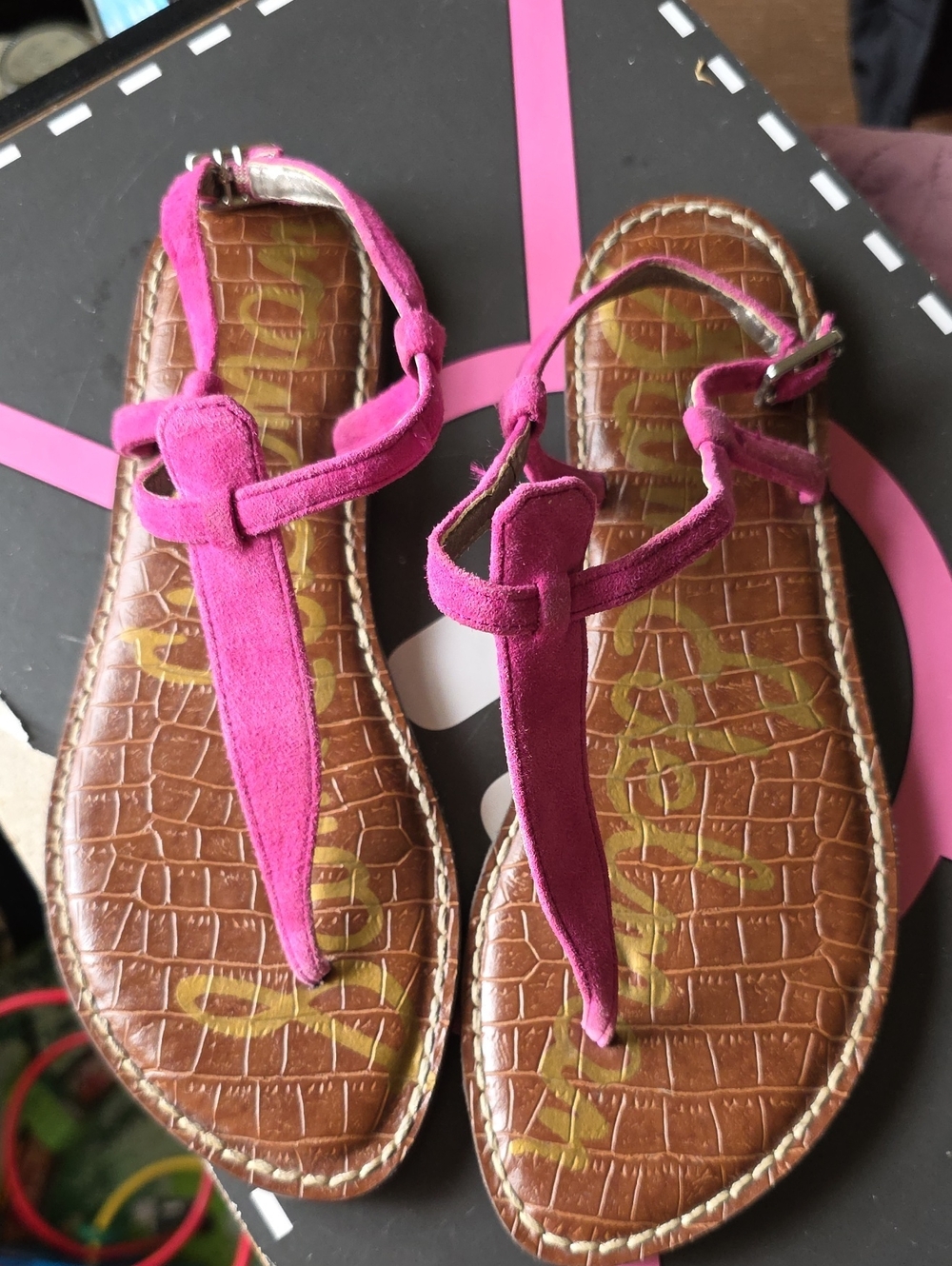 Sam Edelman Hot Pink Suede T-Strap Sandals
